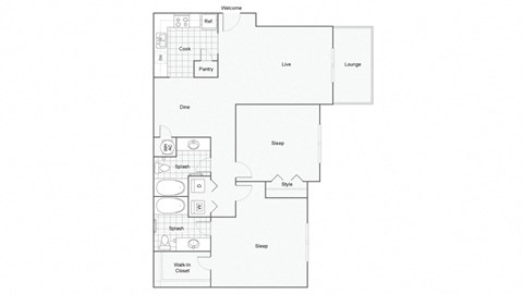 Floor plan for 2 beds, 2 baths, 1084 sqft